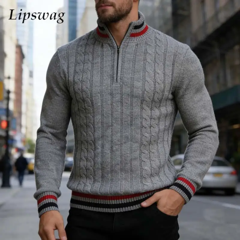 

Зимний мужской вязаный джемпер, винтажный текстурный полосатый свитер 2026, весенняя мода, вязаные свитера с воротником-стойкой на молнии и длинными рукавами
