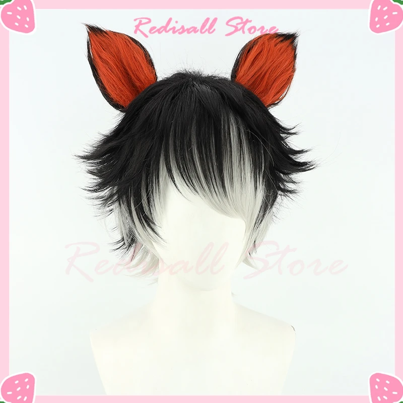 Perruque Cosplay Aak avec Oreilles Courtes et Droites, Cheveux Noirs Mélangés et Rouges, Degré de Chaleur, Vêtements de Sauna de Jeu