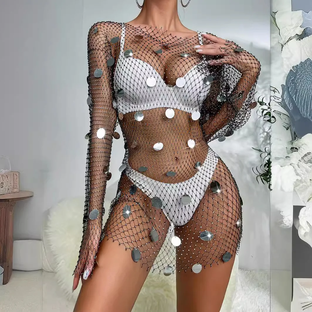 Women's Rhinestone Mesh Fishnet Bodycon Club Dress See Through Shiny Long Sleeve Beach Swimwear Bikini Cover Up Mini Skirts