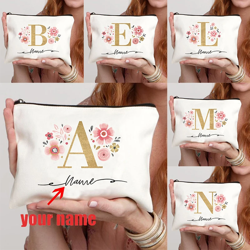 

Letters A-Z Golden Personalized Name Makeup Bag Cute Flowers Customization Pouch Multifunctional Outdoor Travel Storage Bag Gift