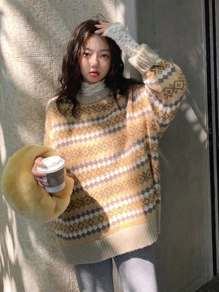 Chic Schöne Fair Isle Strickwaren frauen Herbst Winter Neue Japanische Sle Faul Retro Frühen Frühling Milch Fufu Basis irt