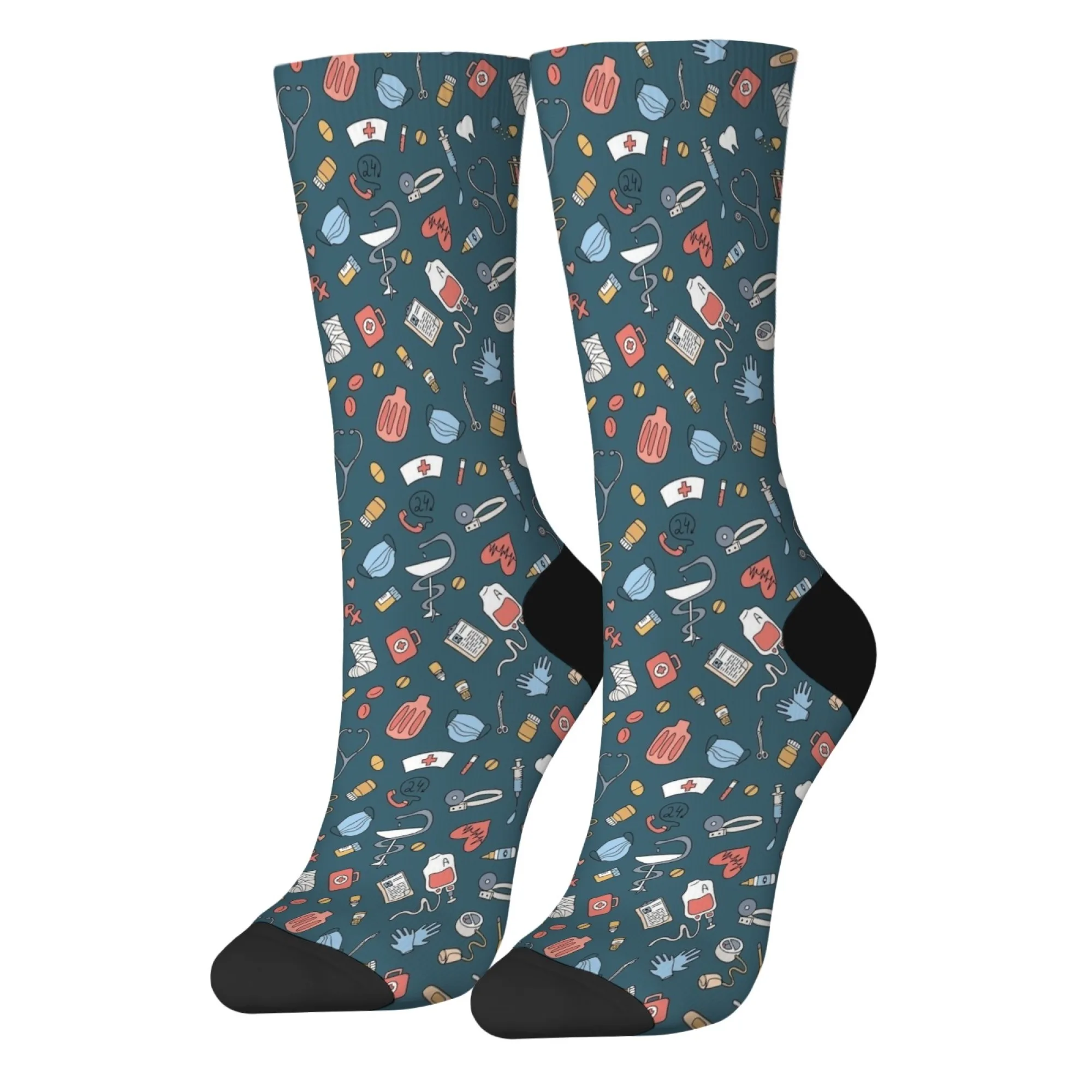Medizin-Thema, bunte Cartoon-Thermometer-Musterdruck-Crew-Socken, bezaubernd und lebendig für Erwachsene und lustige Modelegeisterte