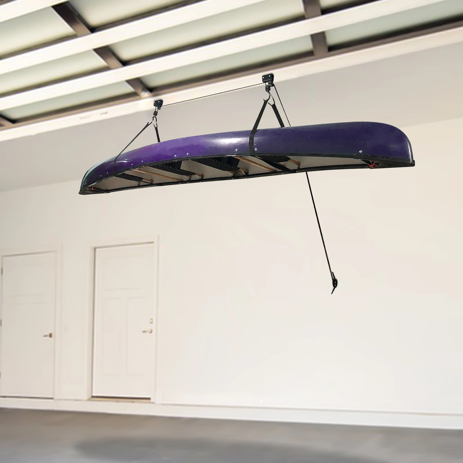 2 قطعة رافعة قوارب الكاياك والزورق، نظام بكرة تثبيت على سقف الدراجة، رافعة تخزين شديدة التحمل على المرآب، لقوارب الكاياك والزوارق