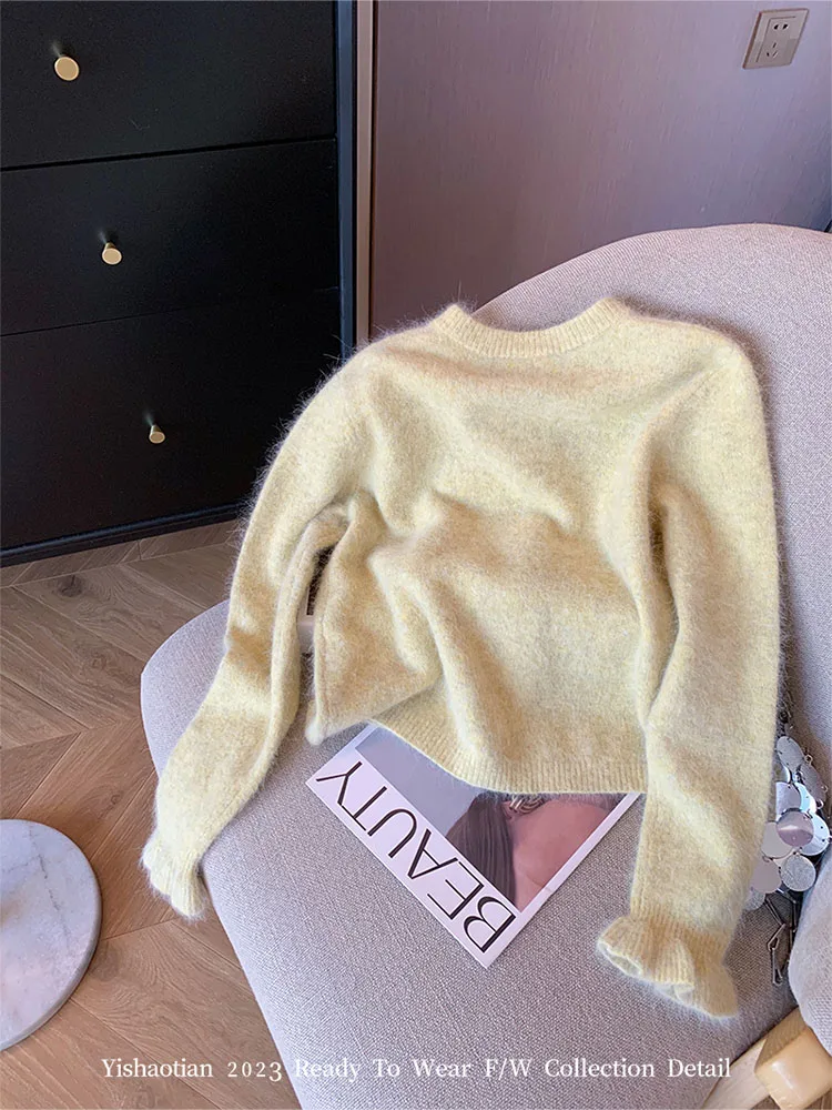 2023 Autumn Winter Women Knitted Cardigans Loose Japanese Preppy Style Sweet Bow Sweater Oversize Yellow Jumper 2000s Aesthetic