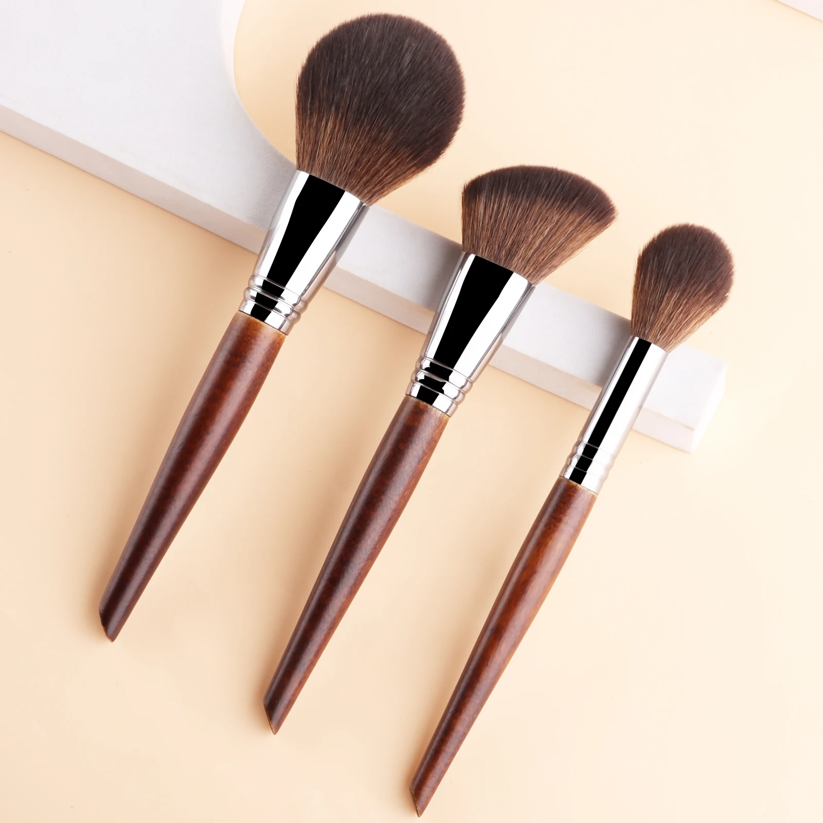 3Pcs Solid Wood Handle Powder Brush Set, Round Setting Powder/Angled Contour/Flame Blush Brush, Synthetic Fiber