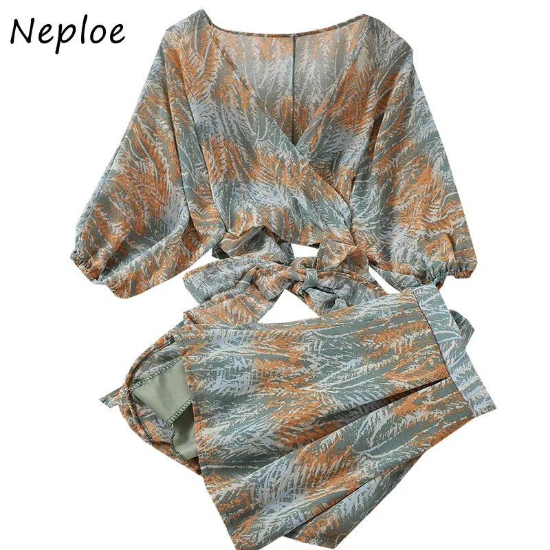 Neploe 2 Piece Outfits Women Fashion Strap Short V-neck Shirt High Waist Slim Wide Leg Shorts Printed Suit Ladies Summer 1E594