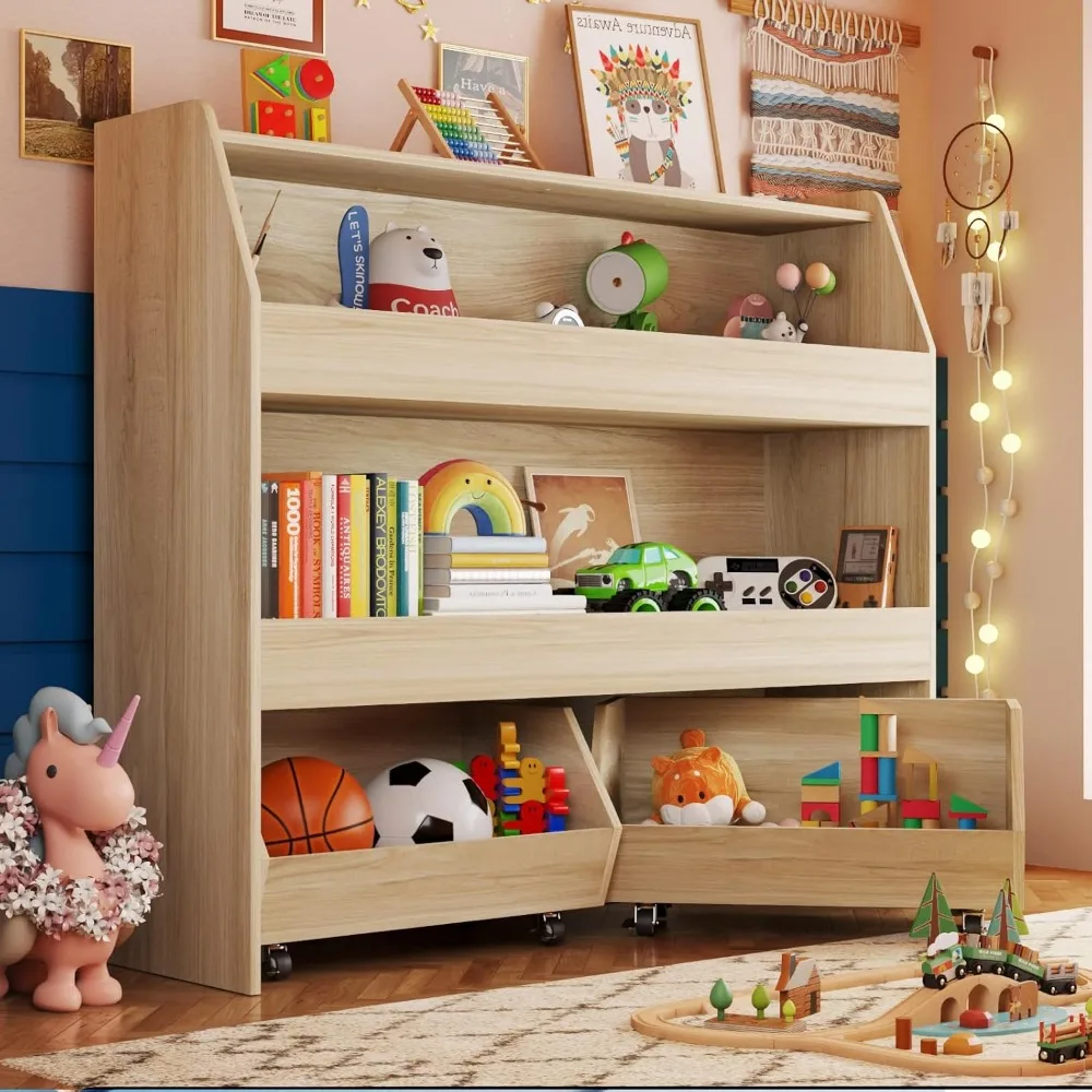 Toy Storage Organizer with Movable Drawers, Toys Organizer Bookshelf for Toddlers, Toys Cabinet Chest, Bookcase Storage Bedroom