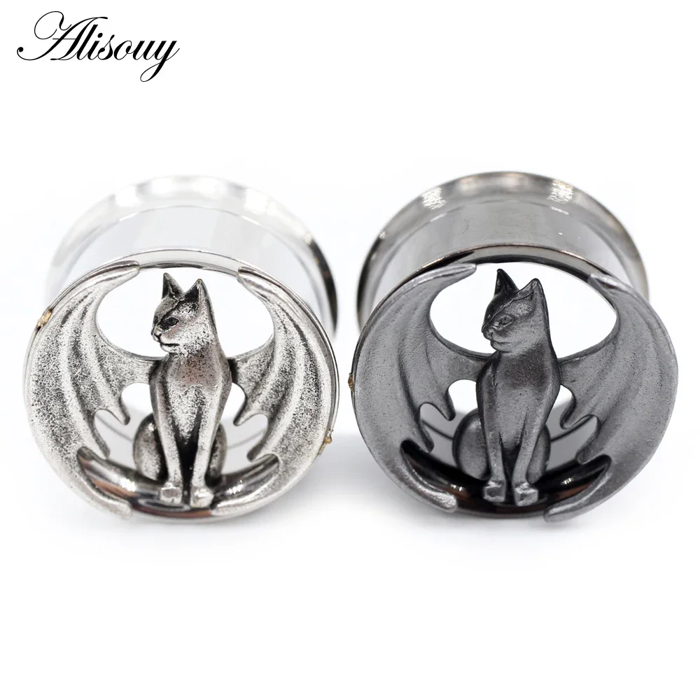 2 PC 8-25mm Stainless Steel Cat Wing Threaded Ear Tunnels Plugs Expander Stretcher Flared Gauges Earrings Piercing Body Jewelry