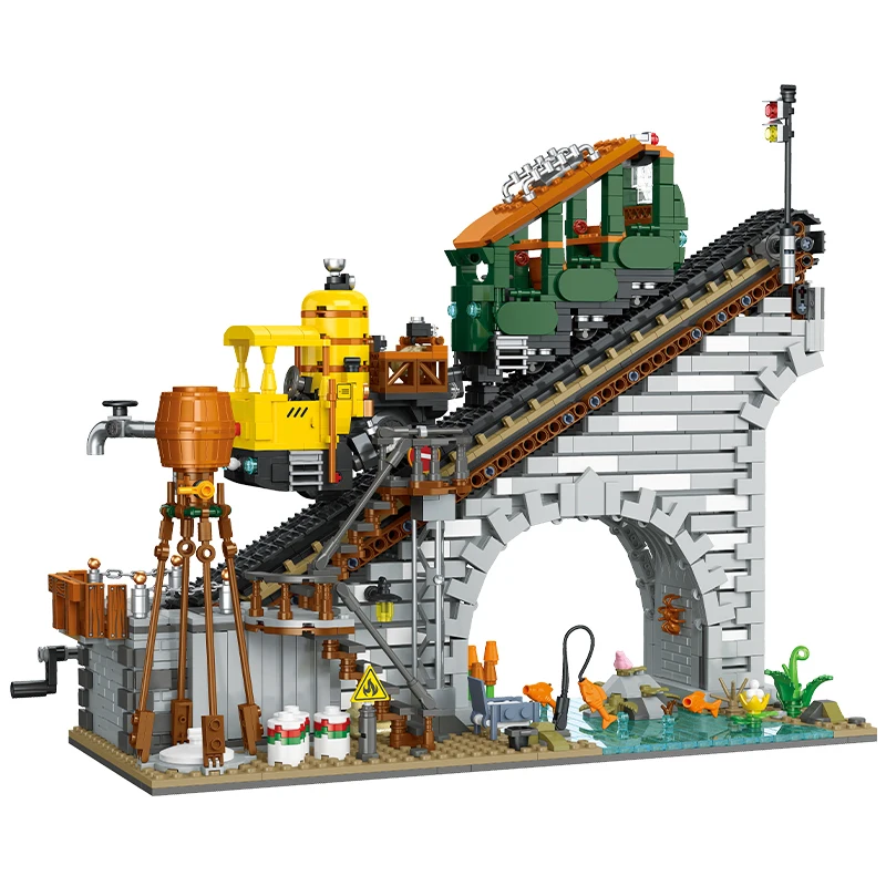 59164 building blocks train model rack railway desktop ornaments, DIY retro train building toy, children's birthday toy gift