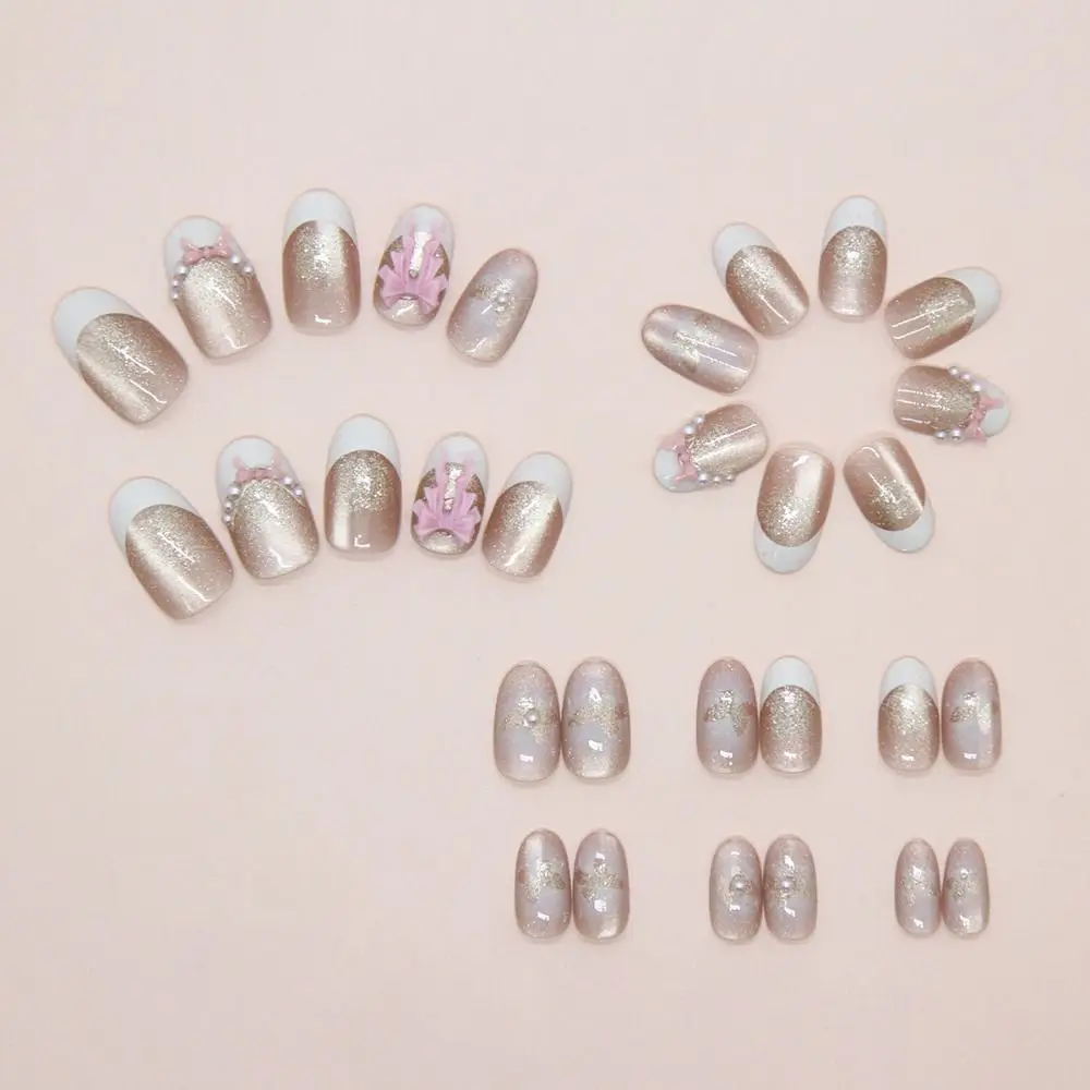 Manicure Long Almond False Nails French Simple Fake Nails Dot Dancing Butterfly Detachable Nail Tips Women