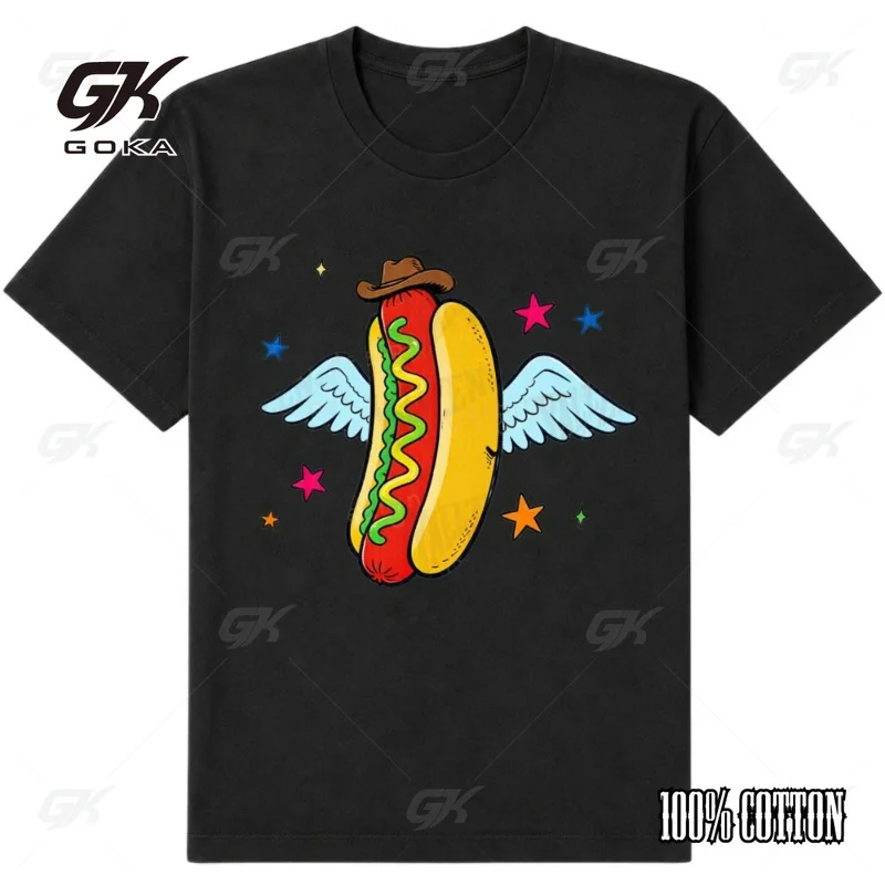Flying Hotdog Cowboy Hat Art Men T Shirt Funny Food Cartoon Wing Print Streetwear Hip Hop Style Summer Tops Comfortable