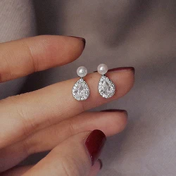 Huitan Dainty Delicate Stud Earrings Lady Engagement Jewelry with Simulated Pearl Shiny Waterdrop Shape Zirconia Accessories