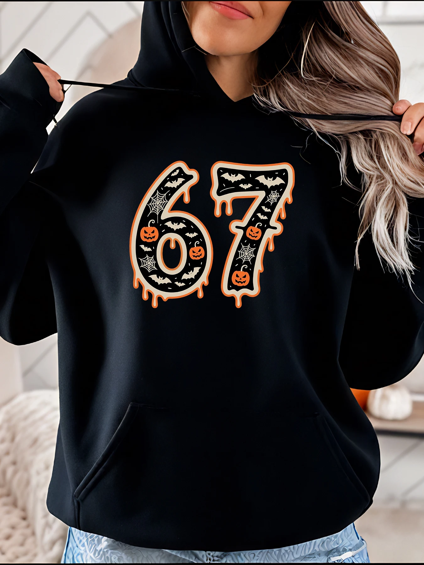 

Halloween Hoodie 67 Number Print Spooky Pumpkin Bat Design Women's Casual Sweatshirt Autumn Winter Fashion Outfit for Girls