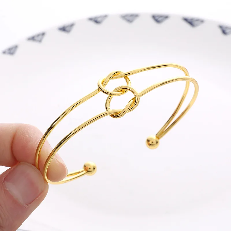 New Round Circular Open Knot Double Heart Cuff Bangle Bracelets For Women Elegant Gold Color Jewelry Noeud Armband Pulseiras