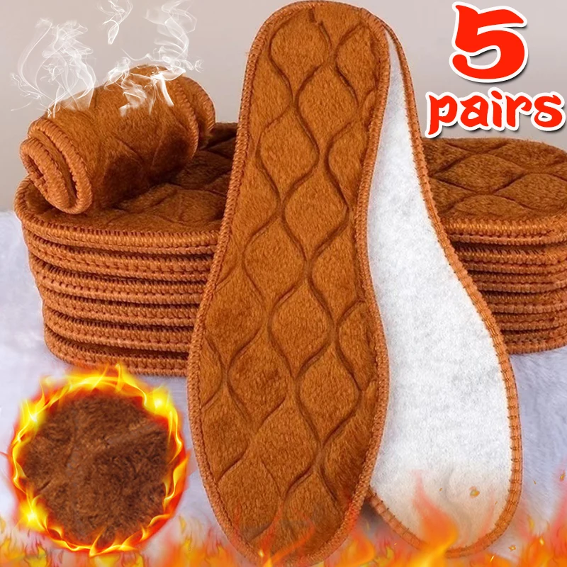 5/1pairs Winter Alpaca Wool Insoles Soft Plush Warm Thicken Foot Thermal Shoe Insole Breathable Snow Boots Shoes Heat Pads