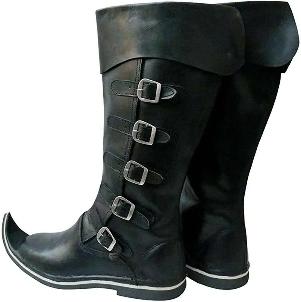 Gothic Pirate Boots Medieval Pointed Viking Retro Commander Shoes Buckles Steampunk Knight Halloween Mid Calf Boots