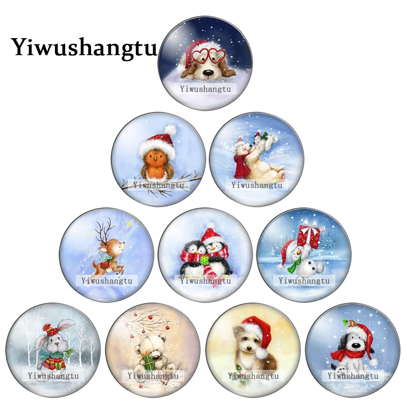 Cute cartoon christmas dog bear deer bird patterns 12mm/18mm/20mm/25mm Round photo glass cabochon demo flat back Making findings
