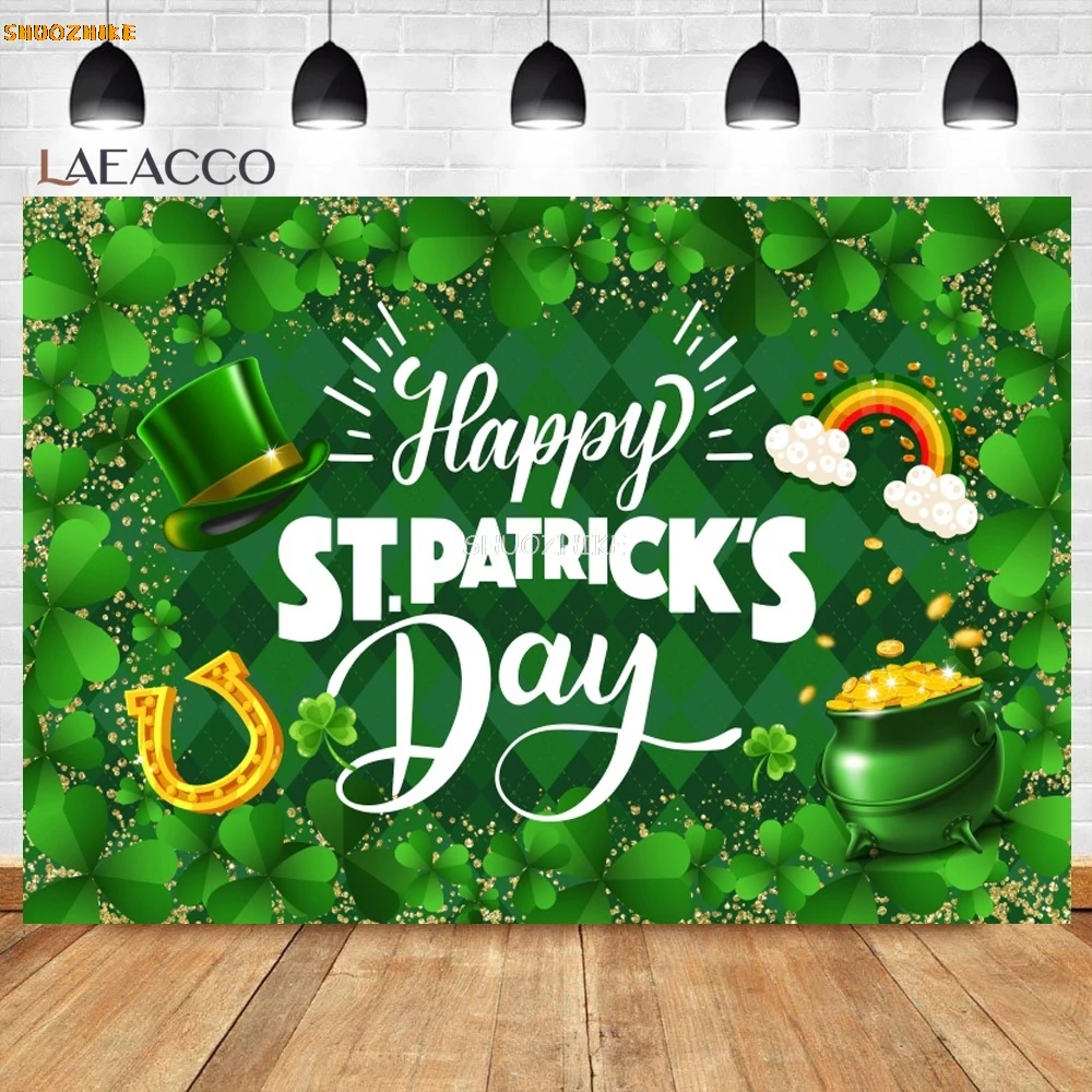 St.Patricks Day Backdrop for Photography Green Clover Rainbow Lucky Birthday Hat  Festival Party Portrait Photo Background Decor