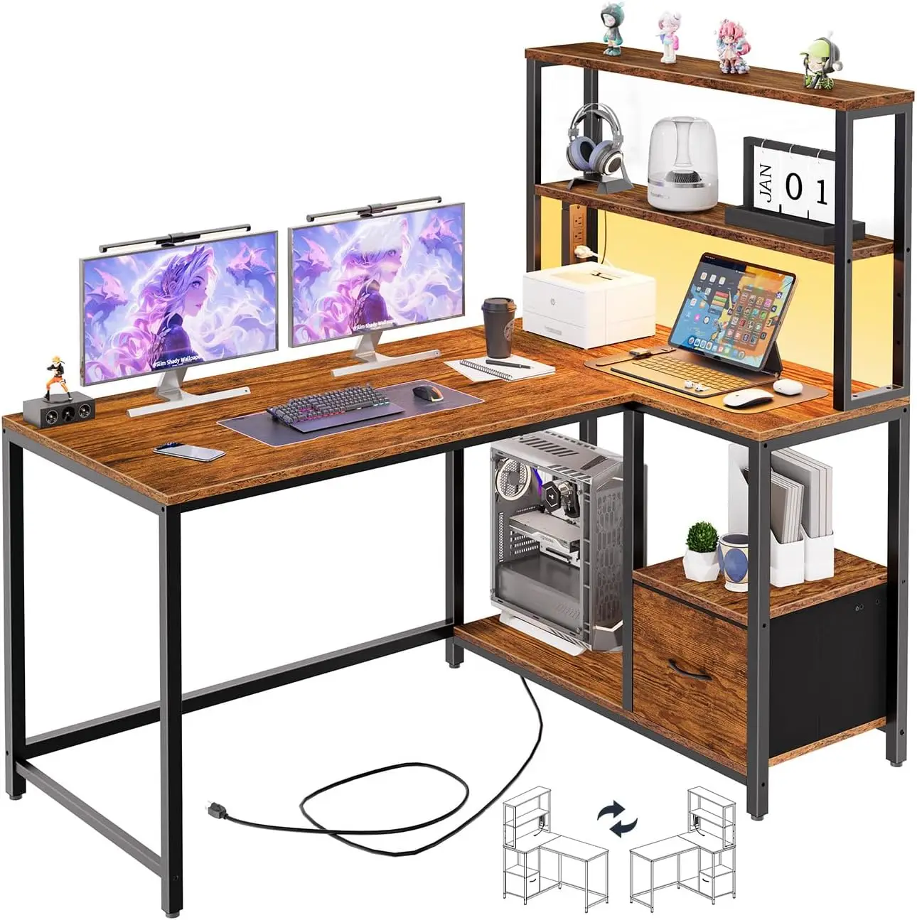 

L Shaped Gaming Desk 46' with LED Light, Power Outlet, Storage Shelves & Drawer, Rustic Brown/Black