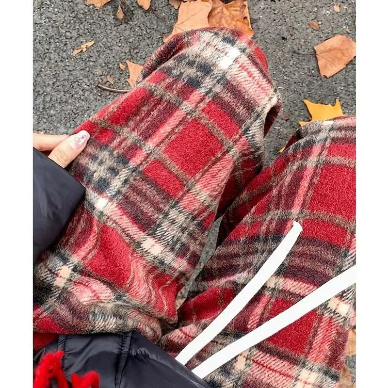 กางเกงขายาวลายสก็อตสีแดงเอวสูงทรงหลวมสบายๆ ช่วยพรางหุ่น ผ้าวูล ทรงขากว้าง สำหรับผู้หญิง ฤดูใบไม้ร่วง ฤดูหนาว