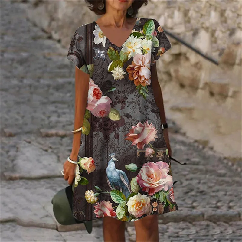 Plant Flowers Tie Dye Gradient Print Women Dress Casual V-Neck Short Sleeve A-Line Dresses Summer 2023 New Oversized Clothing
