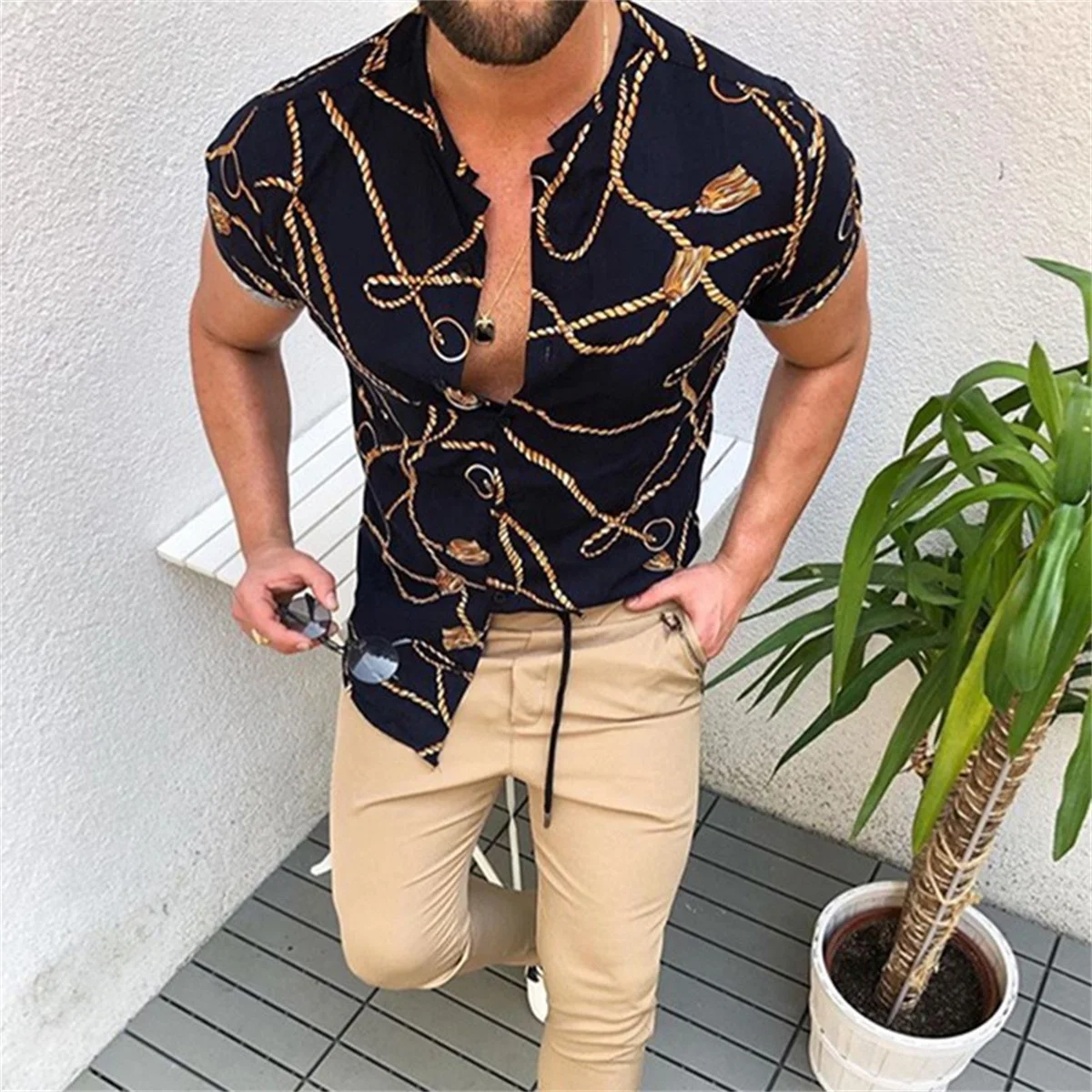 Tiki Men's Shirt 3D Twine Print Trend High-end Luxury Hawaiian Vacation Beach Short-sleeved Shirt