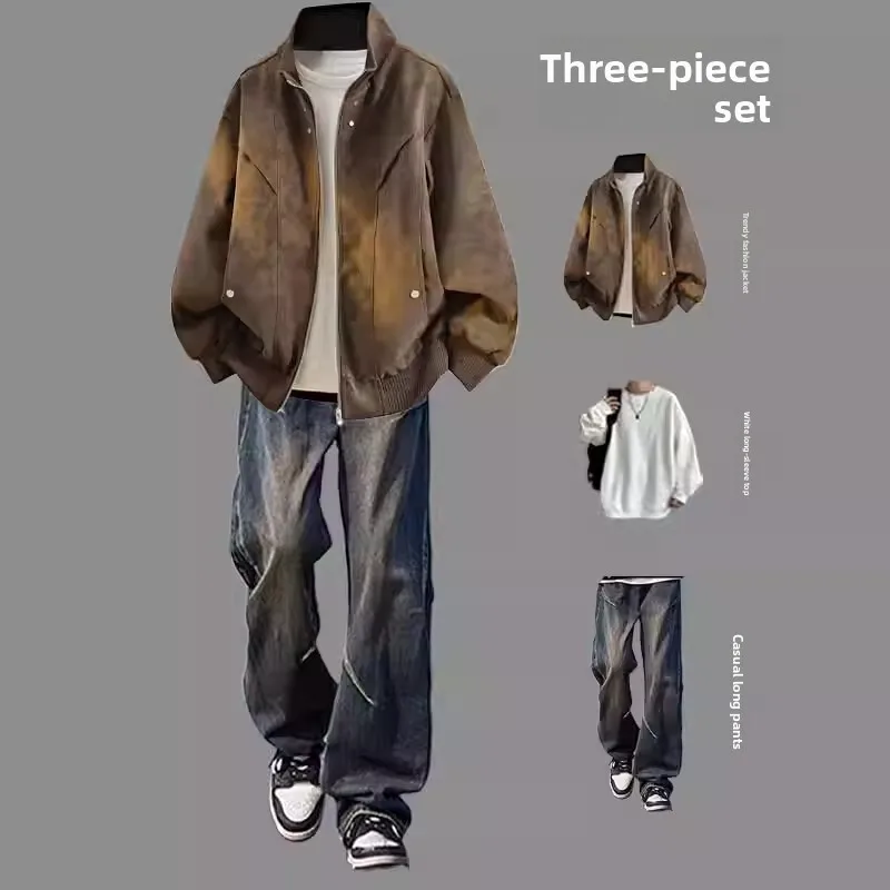 

Cool Haome Men's Leather Jaet And Jeans Set Autumn Korean Sle High-End Sensation Long Sve Full Length Pants