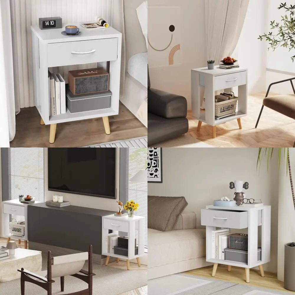 

Пара белых тумбочек для спальни с тканевыми ящиками и деревянными полками, высота 24.