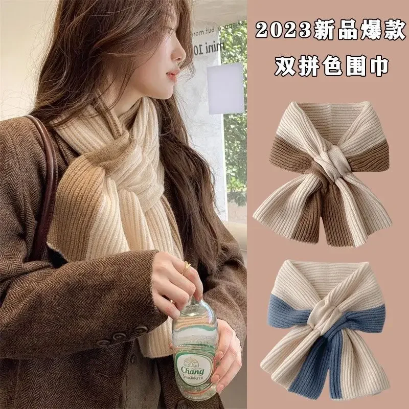 Casual Kintting Cross Scarf Winter Warm Knitted Scarf for Women Windproof Patchwork Scarves Girls Elastic Neck Protection Collar