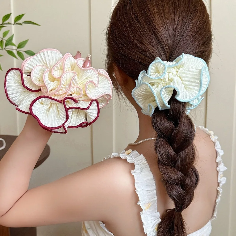 1pc Fresh Two Tone Wavy Pleated Big Scrunchies Cute Ruffle Trim Fabric Hair Ties Soft Sweet Hair Accessories for Teen Women