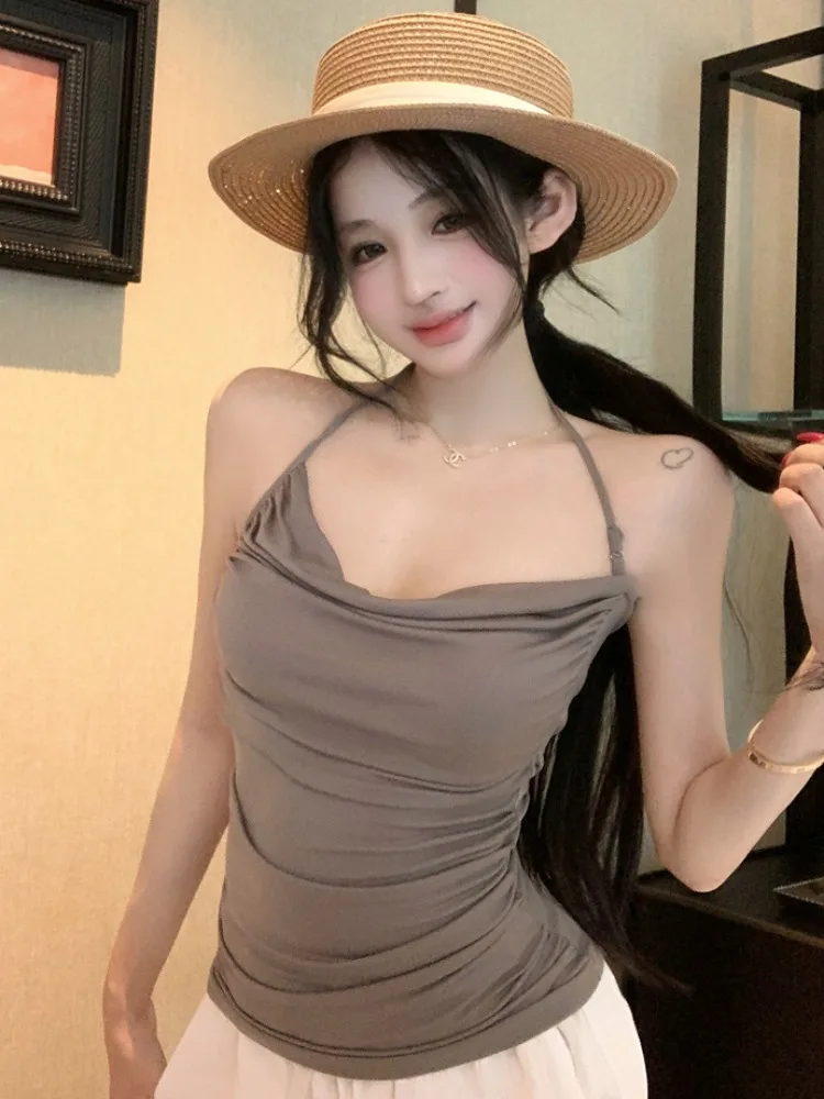 

Pure Desire Style Low Cut Folded Sexy Strapless Vest Women's Summer New Hanging Neck Slim Short Top City Walk Occasion