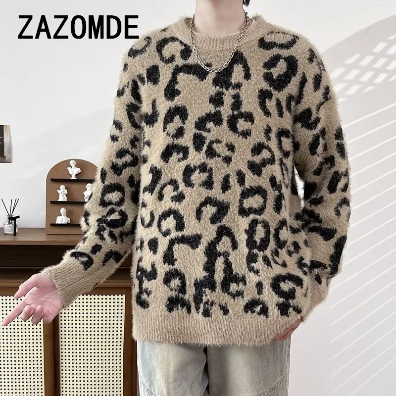 ZAZOMDE 2024 Winter Leopard Pattern Sweaters Korean Warm Knitting Winter Animal Print Long Sleeve Pullovers Streetwear Knitwear