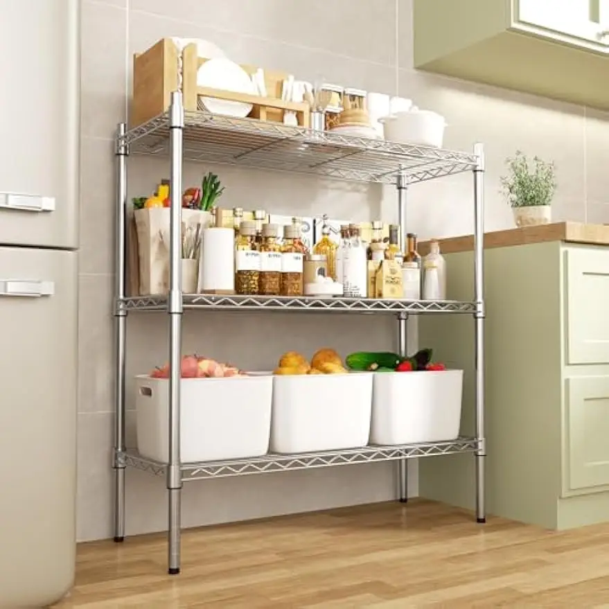 Heavy Duty 3 Tier Wire Shelving Adjustable Chrome Storage Rack