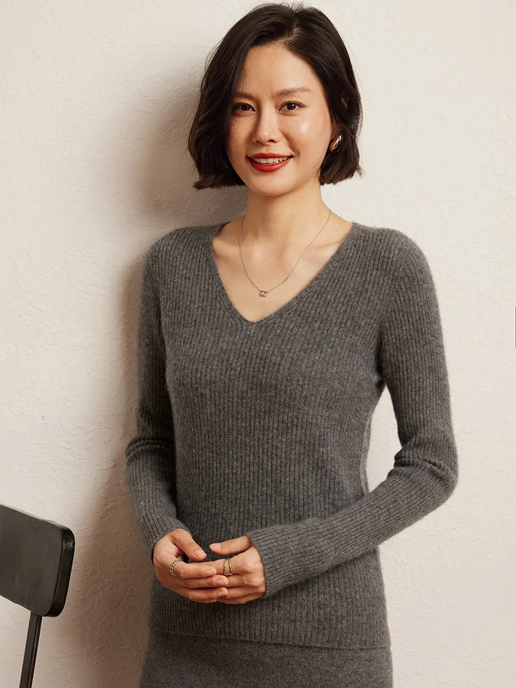 

100% Cashmere Pullover Sweater Autumn Winter Women's V-neck Soild Regular Fit Versatile Knitwear Long Sleeve Tops Light Luxury