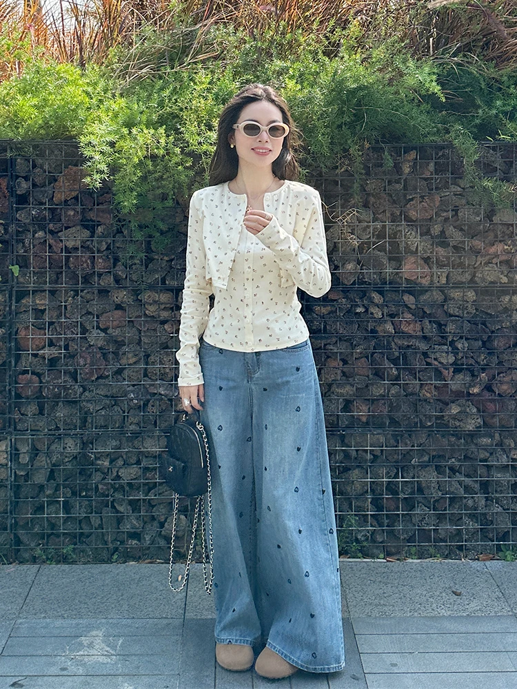 

High Waist Embroidered Denim Jeans Women's Spring Summer Thin Wide Leg Pants Trendy Love Pattern Cotton Zipper Fly