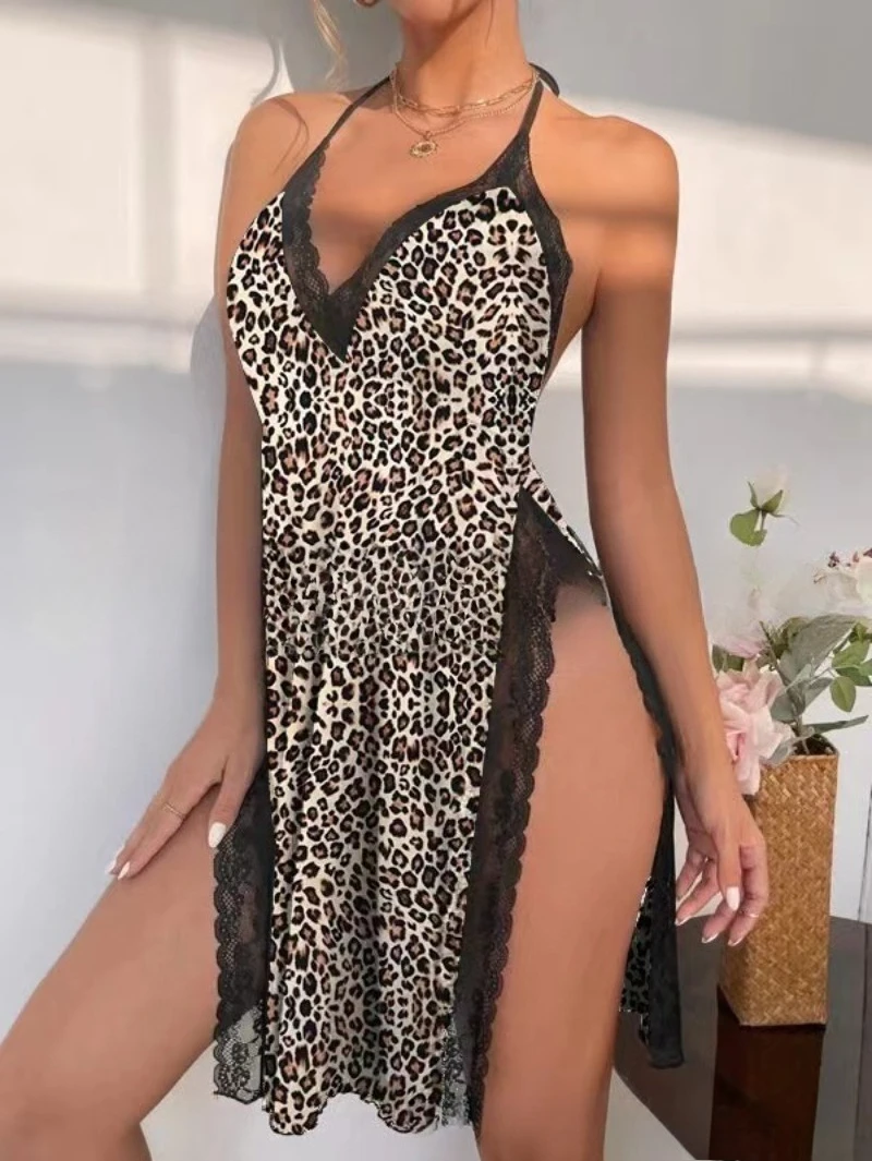 حجم كبير الملابس الداخلية النسائية العميق الخامس الدانتيل السباغيتي حزام ثوب النوم ليوبارد طباعة عارية الذراعين عالية الشق مثير منامة فستان مثير