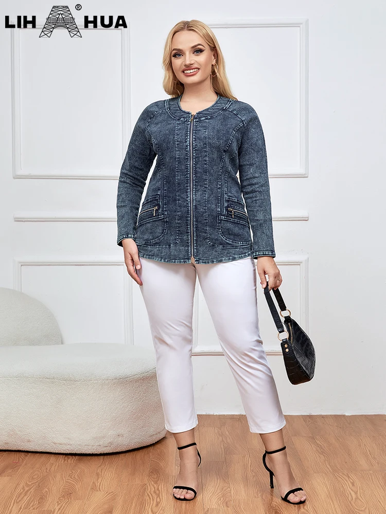 LIH HUA Vrouwen Plus Size Denim Jas Herfst Mode Elegant Jas Geschikt voor Ronde Vrouwen Katoen Geweven Jas