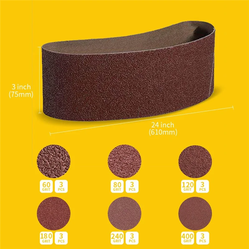 Set di nastri abrasivi per levigatrice a nastro multiuso da 3 x 24 pollici AS94-18 - Materiale in ossido di alluminio per prestazioni potenti
