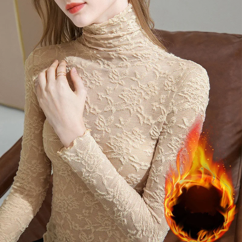 BOWEILUN High-Collar Lace Padded Bottoming Shirt Women French Retro Autumn and Winter Stacked Collar Slim Fit Long-Sleeved