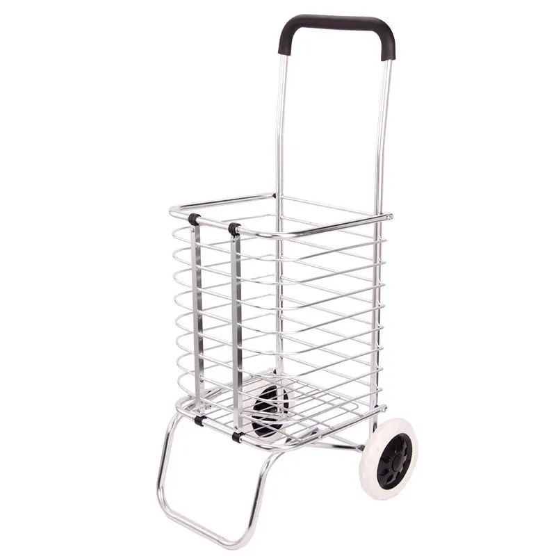 Folding trolley shopping cart, two-wheeled supermarket cart, portable small cart, large-capacity aluminum alloy grocery cart