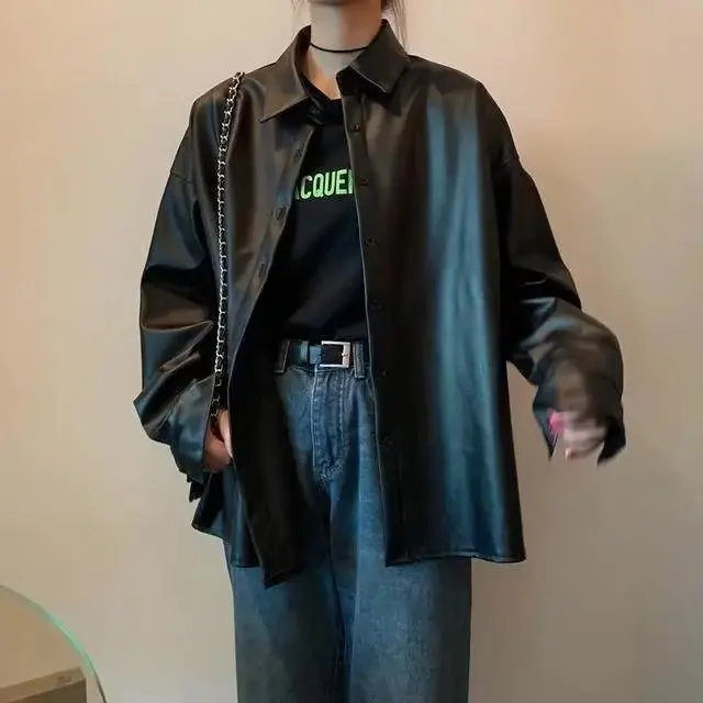 Oversize PU Leather Shirt Jacket Loose Fit Turn-down Collar Men's Women's Harajuku Neutral Style Streetwear Long Sleeve Shirt