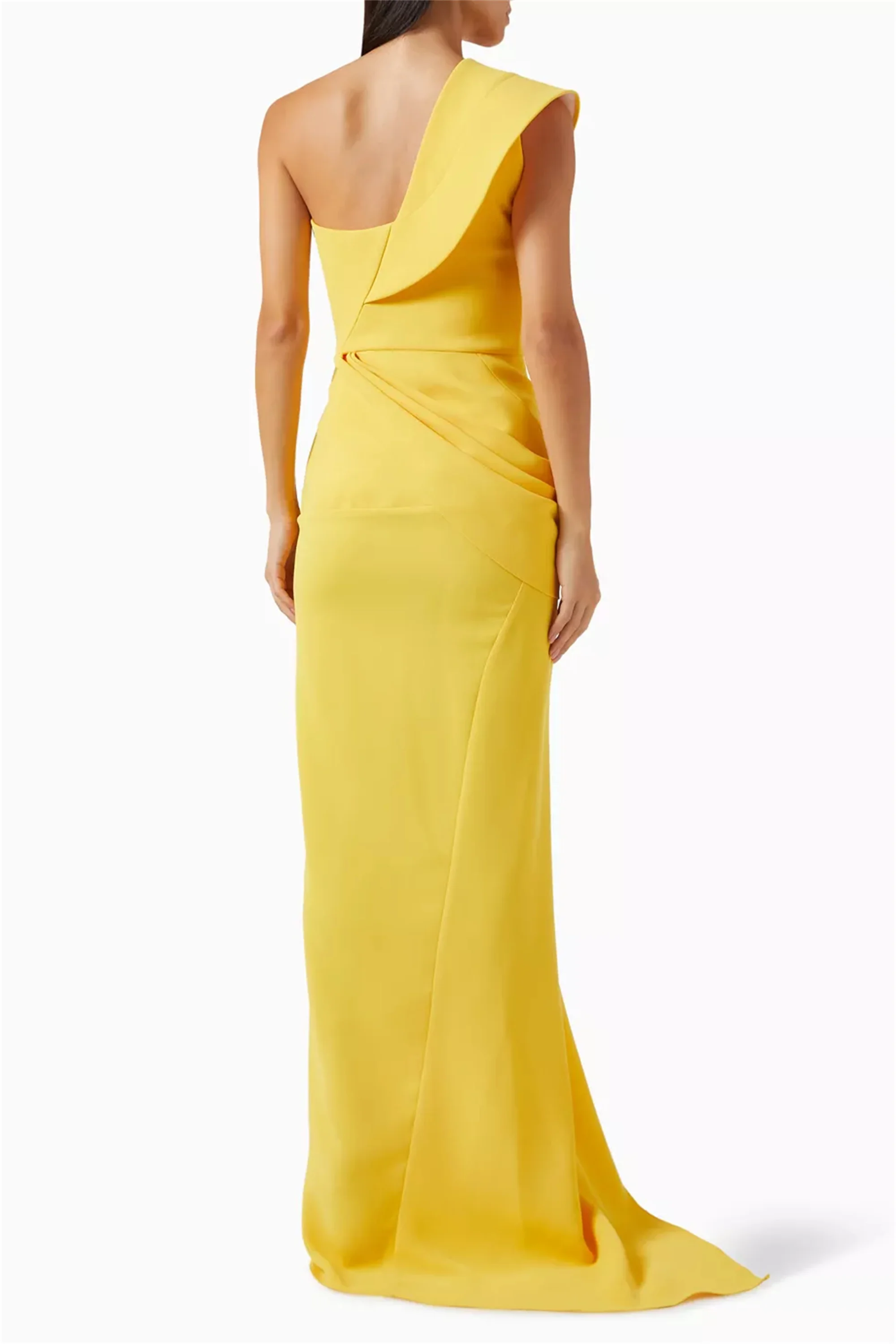 สีเหลืองหนึ่งไหล่ผู้หญิงชุดราตรียาว Fishtail อย่างเป็นทางการผู้หญิง Slim-Fit พิธีชุด EVON เจ้าสาวที่กําหนดเอง