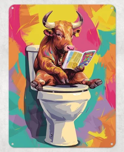 Funny Ox Sitting on Toilet Metal Poster Wall Sign Man Cave Shed Bar Bedroom --Tin Sign