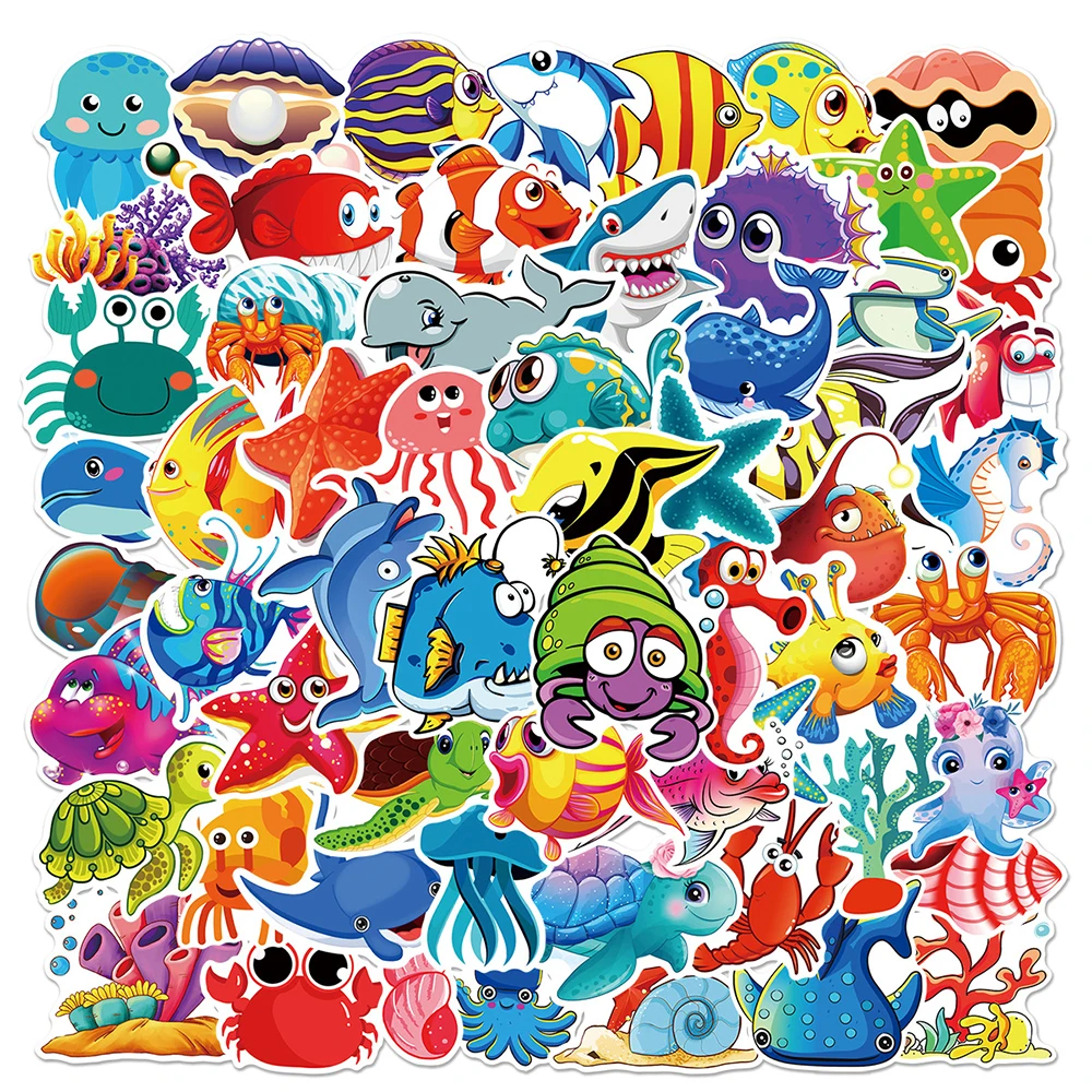 10/30/50pcs Sea Fishes Animal Cartoon Stickers Ocean World Plants Coral Jellyfish Cute Decals DIY Diary Laptop Kids Toy Sticker