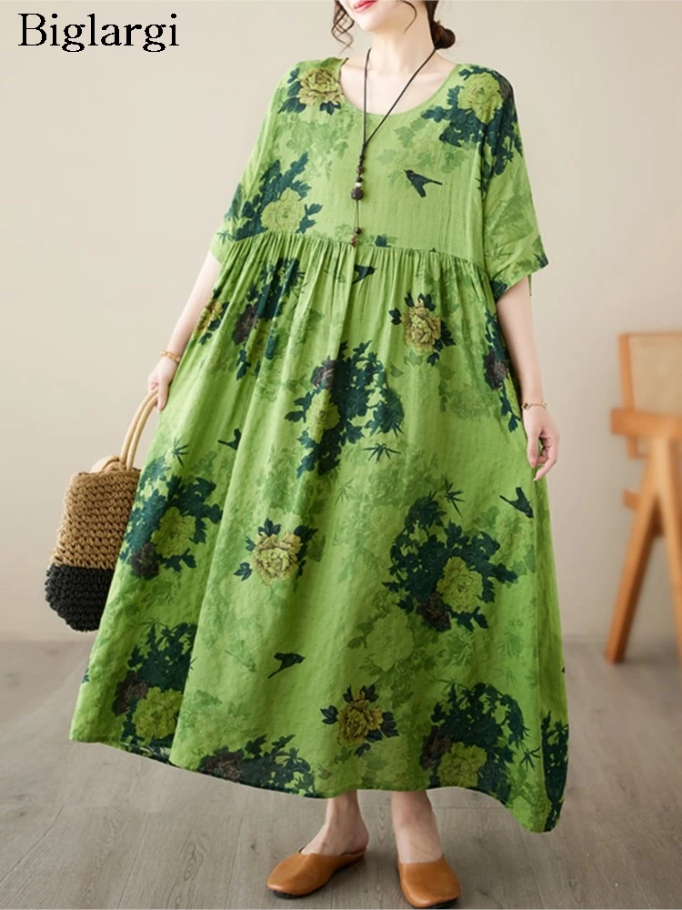 

Oversized Summer Bohemian Style Long A-Linen Dress Women Floral Print Fashion Ruffle Ladies Dresses Casual Loose Woman Dress