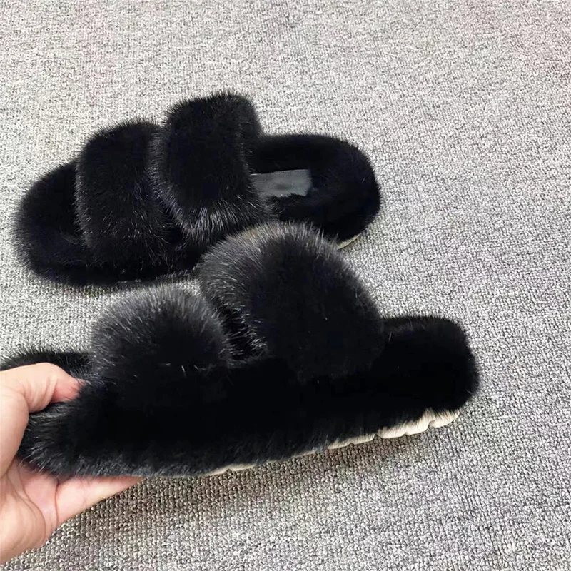 2023 New Women\'s Fur Slippers Autumn And Winter Designer Premium Mink Fur Slippers 5cm Thick Soled Casual Flat Outdoor Fur Shoes