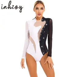 Gymnastics Leotard Women Rhinestones Mesh Long Sleeve Ballet Acrobatics Dance Bodysuit Figure Ice Skating Jumpsuit Costumes