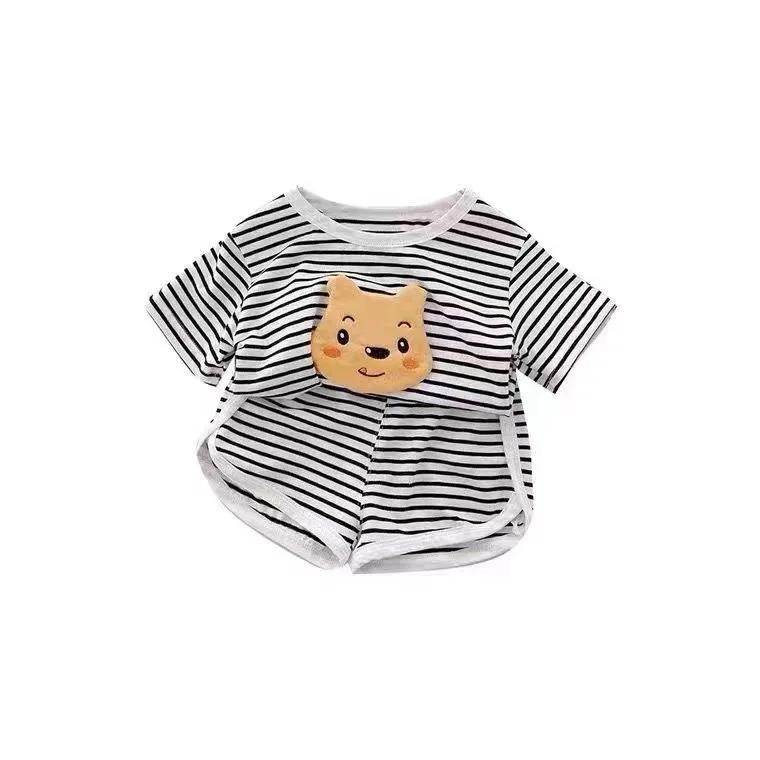 Kids Short Sleeve Suit Summer New Baby Stripe Cartoon T-shirt Shorts Girls Summer Dress Two-piece Cotton