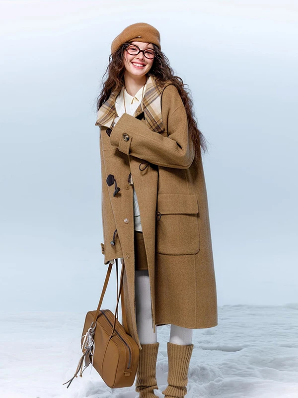 

Женское шерстяное пальто в клетку, зимнее, в корейском стиле, с капюшоном на пуговицах, теплое, большого размера, повседневное, модное, для поездок на работу, с круглым подолом, утепленное