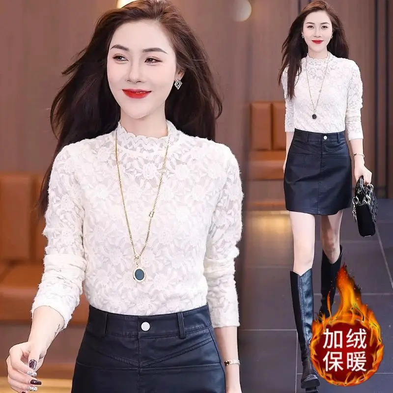 Fleece Lace T-Shirt For Women, Spring, Autumn, Winter, Half High Collar, Fashionable Inner Layer, Base Shirt, Long Sleeve,